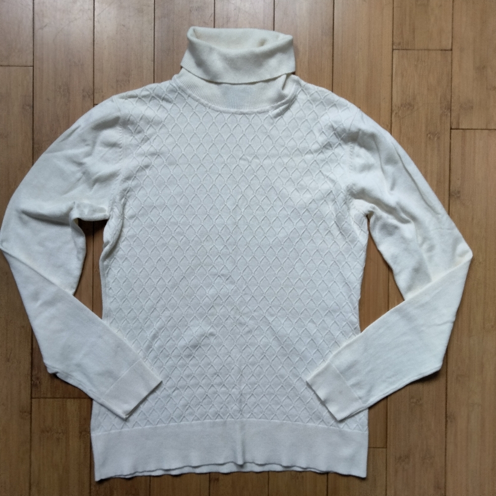 Select + Trend Ivory Turtleneck Pullover Sweater Womens Large Diamond Cable Knit